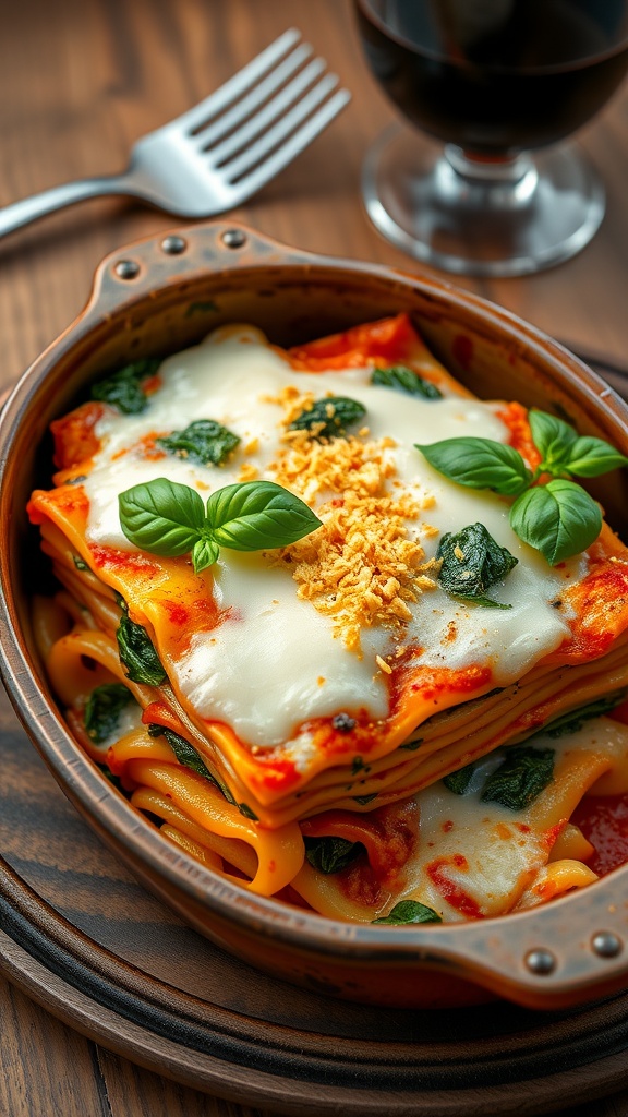 A baked spinach and ricotta lasagna in a rustic dish, with melted cheese and fresh basil, on a wooden table.